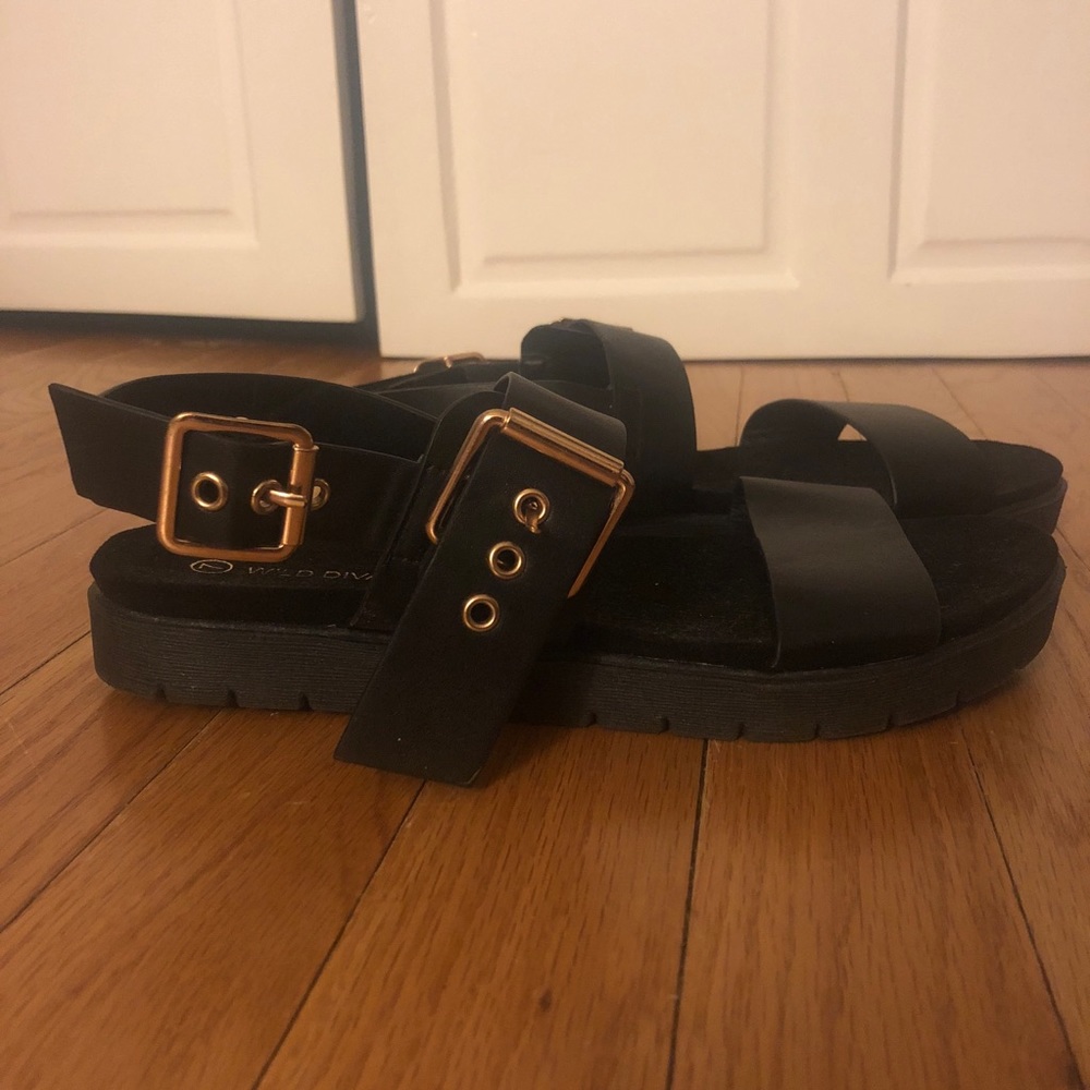 NWT Black Faux Leather Sandals with Gold Buckles